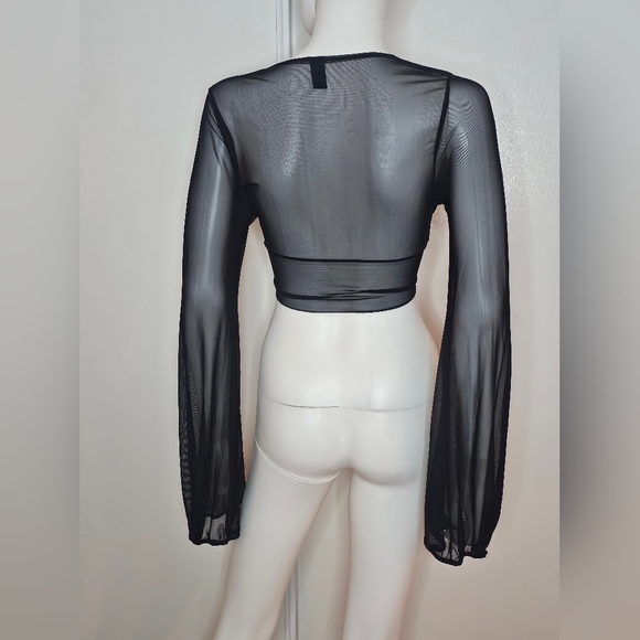 Windsor Black Sheer Tie-Front Long Sleeve Crop Blouse Size S/M - Picture 3 of 7
